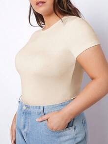 SHEIN BASICS Maglietta casual a maniche corte, girocollo, tinta unita, versatile, taglie comode, per donne, magliette a maniche corte, top per donne, regali per la festa della mamma, top basic estivi aderenti per donne, top basic aderenti tinta unita per donne, top a costine per donne - Albicocca - Visualizzare 6