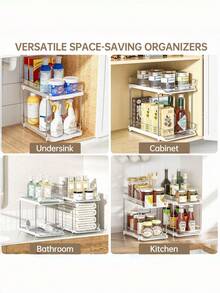 1PC 2 Tier Spice Rack Drawer With Divider Kitchen Storage Organizer Seasoning Bottle Storage Cabinet Countertop Space Saving Adjustable Clear Multifunctional Shelf For Pantry Home Organization Kitchen Accessories - White - View 4