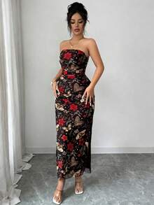 Vestido de fiesta elegante de mujer con cintura ceñida, estampado de malla teñida anudada y abertura lateral - Rojo y negro - Ver 5