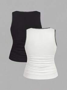 SHEIN LUNE 2pcs Casual Minimalist Summer Seashell Crafted Contrast Color Plus Size Women Vest Top - Multicolor - View 2
