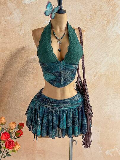 Soleia New Low-Waist Paisley Print Camisole Top And Skirt Set, Suitable For Holiday, Date, Afternoon Tea, Vacation, Music Festival, Boho Style,Summer Outfit For Women , Festival Outfits, Graduation,Vacation Outfits Women,Work Outfits For Women , Beach Outfit For Women