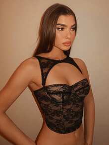 SHEIN PETITE CURVE 大码女式蕾丝上衣，黑色吊带背心，可拆卸胸衣露脐上衣，适合音乐节、假日、演唱会等场合穿着 - 黑色 - 查看 6