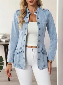 EMERY ROSE Áo khoác denim dài tay nữ, cài một hàng cúc, kiểu dáng thường ngày, đa năng. - Màu xanh lam - Xem 3