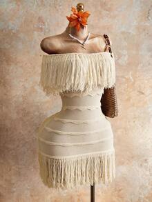 Mistrie Đầm len nữ, trễ vai, họa tiết sọc lượn sóng ba chiều, tua rua, ngắn, màu vàng, dáng ôm, gợi cảm, thích hợp cho kỳ nghỉ, tiệc tùng thường ngày, thời trang nữ, mùa xuân/thu, hè, đông. - Màu be - Xem 1