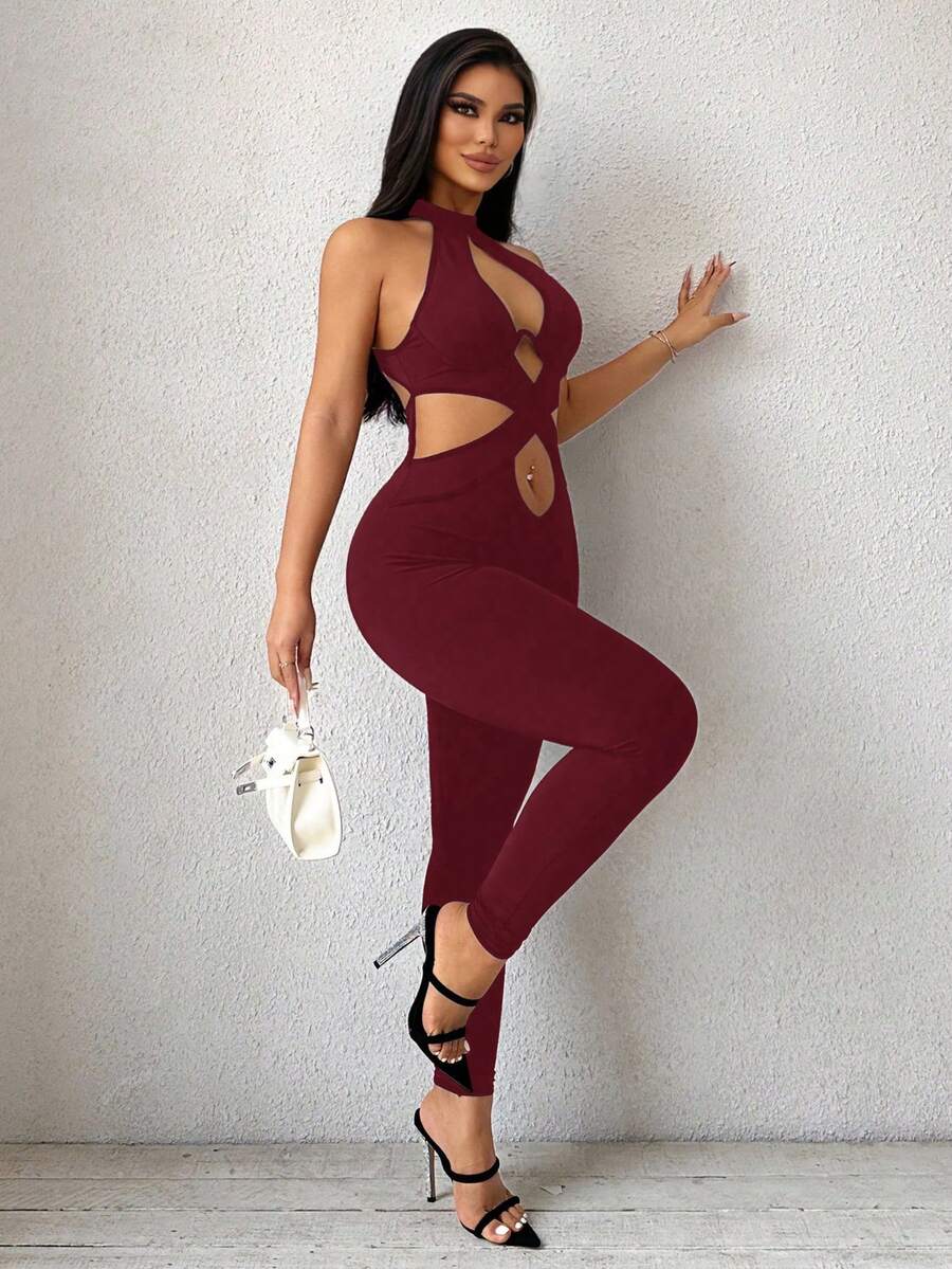 SHEIN SXY 女士交叉露背性感无袖黑色连体裤 - 酒紅色 - 查看 1