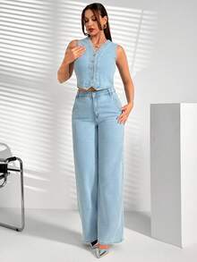 SHEIN 2 Pcs, Regular Fit Denim Vest & Wide Leg Jeans, Denim Set - Light Wash - View 4