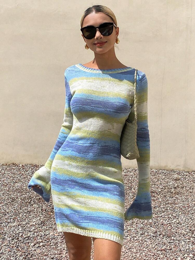 Striped Backless Beach Vacation Knit Dress For Women, Summer