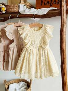 SHEIN Vintaside Kids 女婴梦幻网纱无袖连衣裙，杏色，简约风格，适合节日、优雅外出和舒适居家场合，春夏款 - 黃色 - 查看 4
