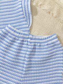 SHEIN Playful Pals 2件套女婴0-3岁春夏休闲日常度假针织黑白条纹荷叶袖圆领T恤和短裤套装 - 藍色 - 查看 6