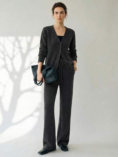 Uhlyne 女士针织面料简约优雅休闲复古宽松手工抽绳纯色直筒裤，适合秋冬季日常通勤