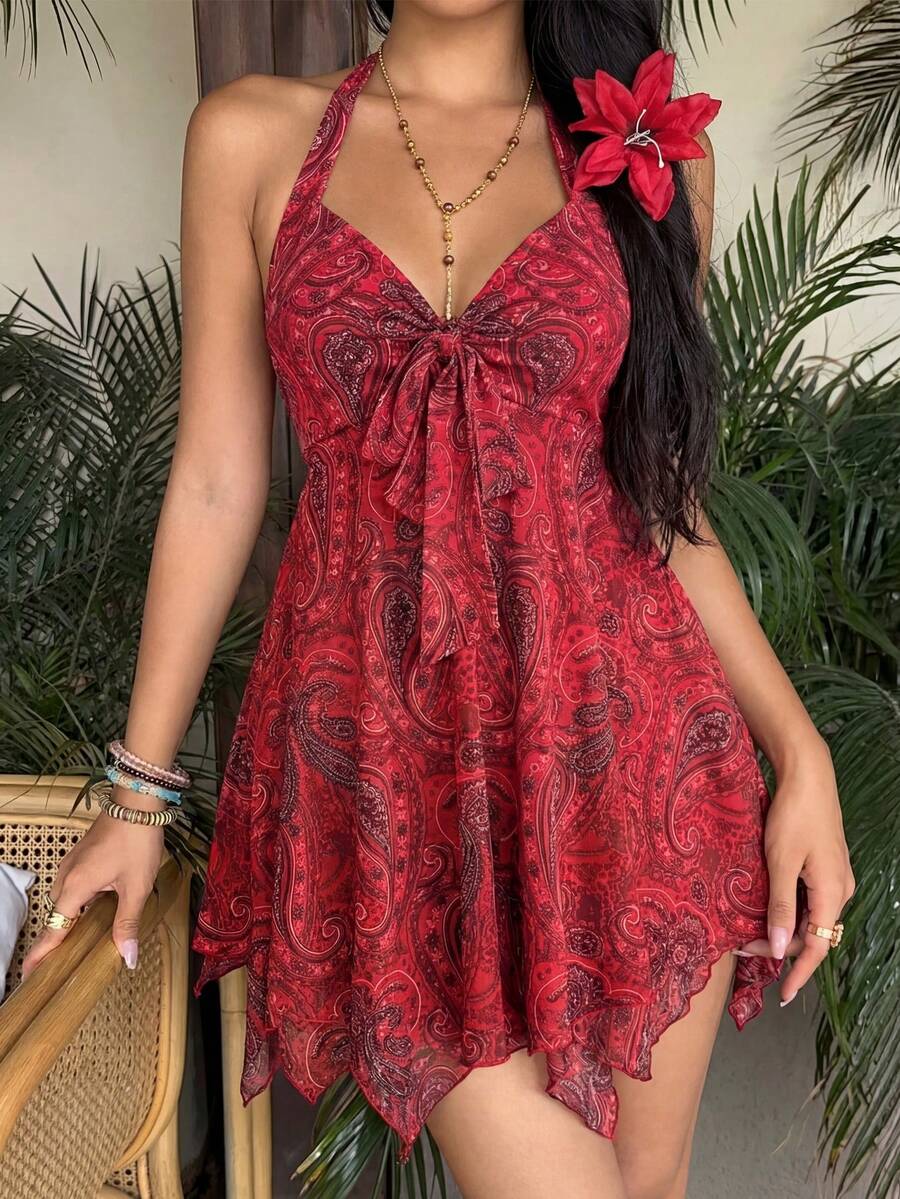 Sunnyshic Đầm ngắn nữ kiểu dáng thanh lịch, thường ngày, dự tiệc, phong cách bohemian, chất liệu lưới, họa tiết paisley, vạt bất đối xứng, cổ yếm, thắt nơ, thích hợp cho mùa xuân/hè. - Nhiều màu - Xem 1