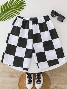 SHEIN Leap Crew Teen Boy's Casual Checkerboard Print Drawstring Waist Loose Beach/Swimming Shorts, Summer - Black and White - View 3