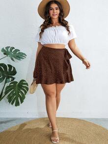 SHEIN VCAY Vestido corto de peplum con falda con dobladillo envolvente con volantes y estampado de lunares - Marrón - Ver 5