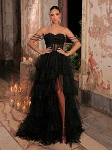 Glamrae Robe maxi élégante et luxueuse sans bretelles avec collier de perles, taille évasée avec baleinage en arête de poisson, patchwork de tulle transparent et sequins. Fente haute. Convient pour les mariages, événements, soirées célibataires, vacances, galas, occasions formelles (ornementation lourde) - Noir - Voir 6