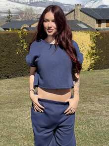 Abrilcols 海军蓝针织女式圆领蝙蝠袖短袖上衣和裤子休闲家居服套装 - 藏蓝色 - 查看 3