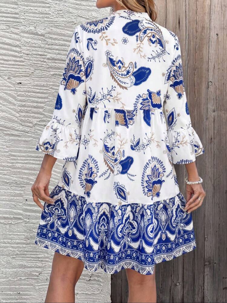 Women's Summer Vacation Floral Print Notched Neck Flare Sleeve Short Dress Going Out Outfit Summer Dresses For Women Summer Holiday Outfits Vacation Dresses Holiday Dresses Ruffle Dress Going Out Dresses Boho Dresses For Women Women's Summer Dresses Women Beach Dress Resort Wear Women Vacation Dress Picnic Dresses For Women Ruffle Dress