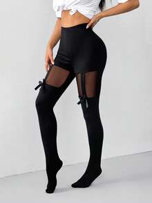 SHEIN EZwear Quần tất lưới vá trang trí nơ lưng cao trơn màu dành cho nữ - màu đen - Xem 7