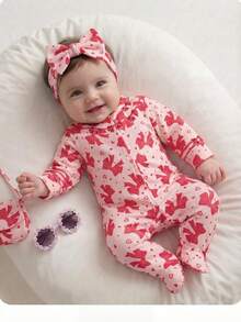 SHEIN Dozemod Bebé Recién Nacido Niña Pijama de Punto con Cremallera Frontal, Cuello Redondo y Manga Larga con Patrón Minimalista de Lazo - Rosa - Ver 3