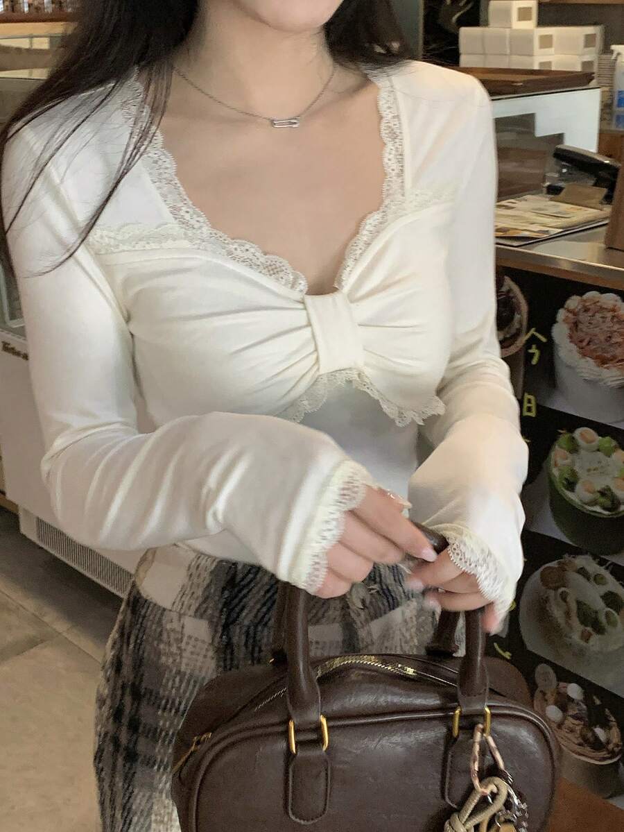 DAZY Women's Lace Patchwork Bow Pleated Solid Color T-Shirt, Autumn/Winter Long Sleeve - Beige - View 1