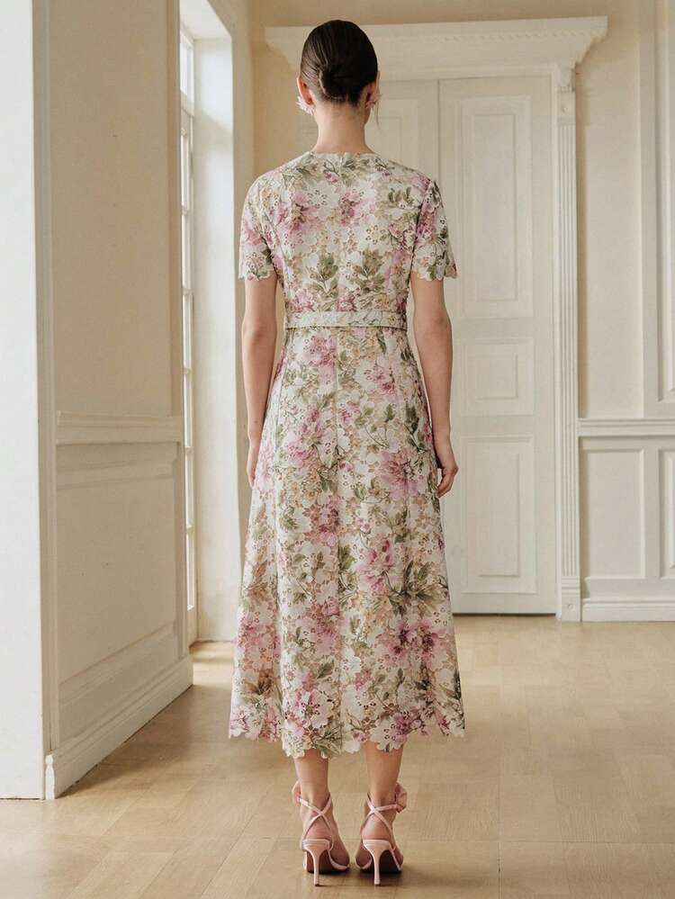 Elegant Lace Waist Belt Dress, Water-Soluble Floral Print, Round Neck Short Sleeve A-Line Dress, Waist Cinching, Slimming, Vacation Style For Women