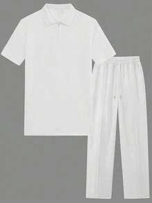 Manfinity Homme 2 piezas Conjunto casual de hombre de tejido de gofre: Camisa de cuello con cremallera de manga corta y pantalones con cordón - Negro, mezcla de poliéster, adecuado para uso casual en primavera/verano - Blanco - Ver 5