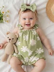 1件女婴夏季绿色碎花吊带蝴蝶结连体衣，荷叶边下摆，宽松休闲可爱婴儿连体裤 - 綠色 - 查看 1