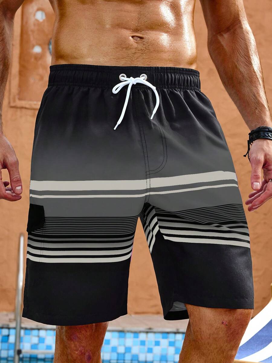 Manfinity KASUA Pantalones cortos de playa casuales con bloques de color y cintura con cordón para hombres de talla grande, vacaciones - Negro - Ver 1