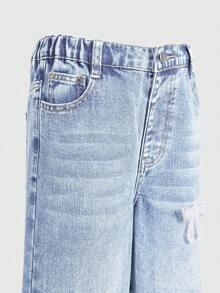 Denimly 新款春夏少女宽松浅蓝色阔腿牛仔裤，柔软的牛仔面料如云朵般轻盈，心形刺绣细节更添精致，弹性腰带设计穿着舒适，适合校园、街头、约会、户外活动和日常穿着。 - 淺色水洗藍 - 查看 5