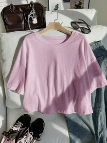 SHEIN Comfortcana Plus Size Casual Drop Shoulder Short T-Shirt, Solid Color - Mauve Purple - View 6