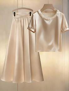 Franclia 女士优雅圆领珍珠装饰短袖T恤，适合通勤，两件套搭配长款喇叭休闲裙 - 杏色 - 查看 5