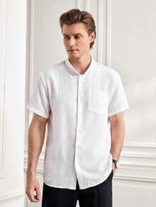 Officeau Camisa blanca de hombre, cómoda de manga corta, estilo vintage casual, ajuste slim, top de verano - Blanco - Ver 3