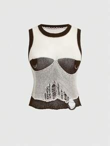 ROMWE Grunge Punk Áo len dệt kim phối màu tương phản khoét lỗ gợi cảm dành cho nữ - màu nâu - Xem 1