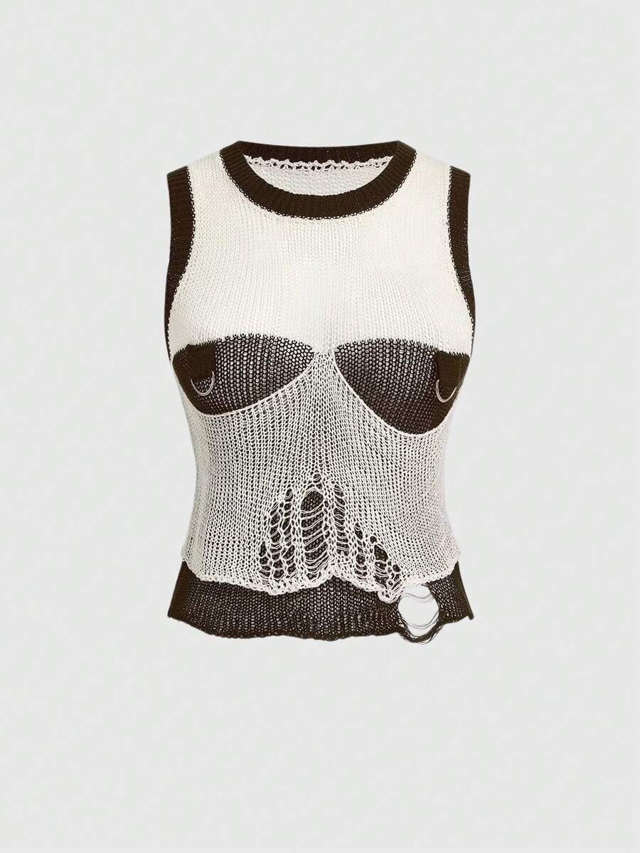 ROMWE Grunge Punk Áo len dệt kim phối màu tương phản khoét lỗ gợi cảm dành cho nữ - màu nâu - Xem 1