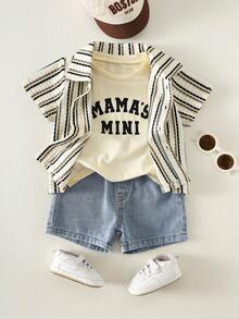 SHEIN Bộ 3 món gồm áo lót, áo sơ mi kaki kẻ sọc mùa hè cho bé trai, áo phông in chữ và quần short denim xanh, bộ đồ đi nghỉ mát, bộ đồ kẻ sọc, bộ đồ cho bé trai. - Nhiều màu - Xem 1