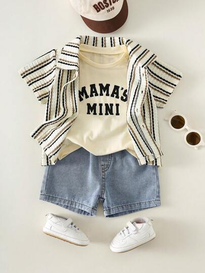 SHEIN Bộ 3 món gồm áo lót, áo sơ mi kaki kẻ sọc mùa hè cho bé trai, áo phông in chữ và quần short denim xanh, bộ đồ đi nghỉ mát, bộ đồ kẻ sọc, bộ đồ cho bé trai.