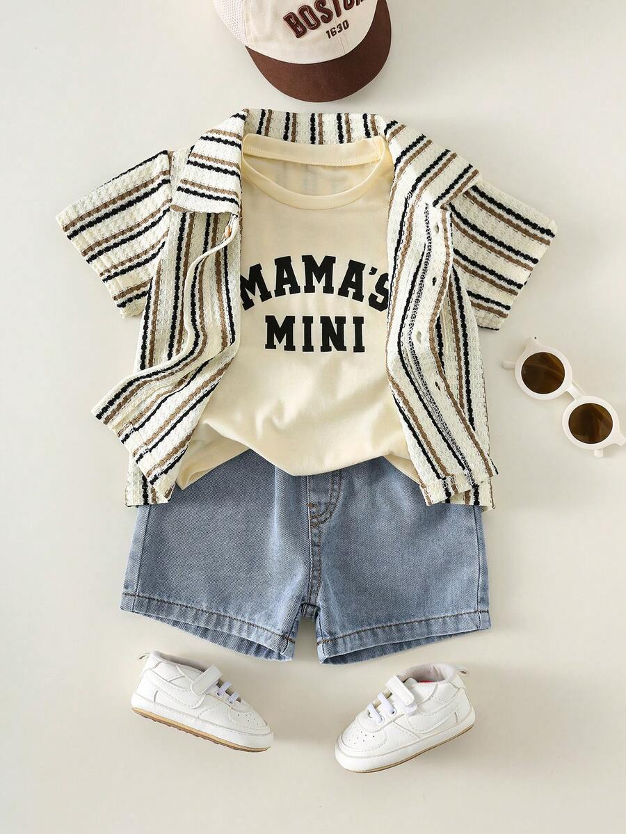 SHEIN Bộ 3 món gồm áo lót, áo sơ mi kaki kẻ sọc mùa hè cho bé trai, áo phông in chữ và quần short denim xanh, bộ đồ đi nghỉ mát, bộ đồ kẻ sọc, bộ đồ cho bé trai. - Nhiều màu - Xem 1