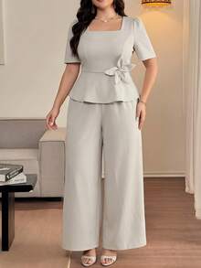 Modelyn 大码优雅纯色3D立体花卉装饰衬衫和裤子两件套，夏季 - 杏色 - 查看 7