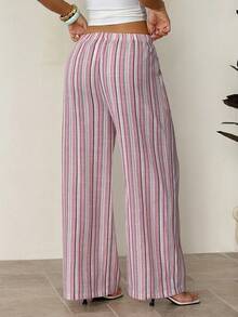 SHEIN PETITE Quần ống rộng kẻ sọc hồng thoải mái cho nữ, thích hợp mặc đi nghỉ mát, chất liệu cotton pha. - Nhiều màu - Xem 2