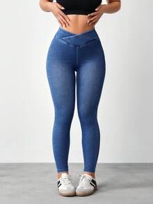 Flexra 七分针织牛仔V腰紧身牛仔裤 - 藍色 - 查看 6