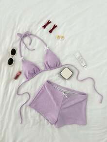 Swim Mod Women's Sweet Plaid Textured Triangle Cup Bikini Set - Mauve Purple - View 1