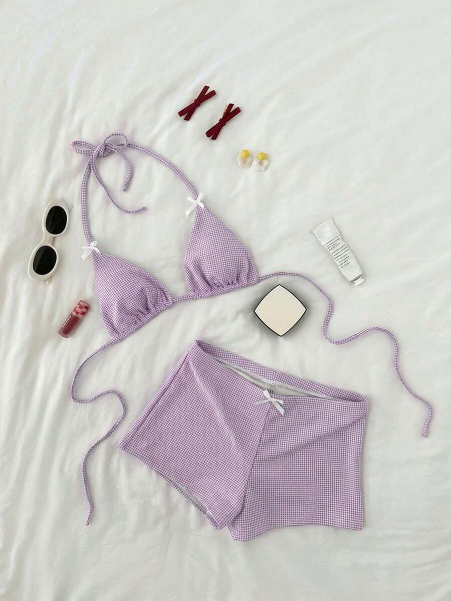 Swim Mod Women's Sweet Plaid Textured Triangle Cup Bikini Set - Mauve Purple - View 1