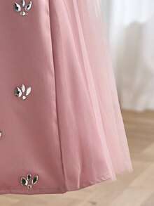 少女可爱优雅的粉色缎面彼得潘领连衣裙 - 粉色 - 查看 3