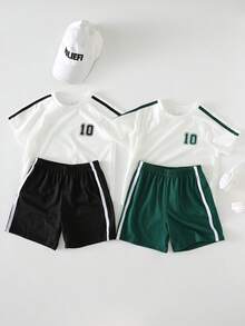 Paquete de 4 camisetas de cuello redondo y pantalones cortos con rayas y decoración de cuerda brotada, estilo casual deportivo para niños pequeños, un conjunto rentable y multiusos adecuado para ropa de niño, fiestas de cumpleaños, fiestas de noche, actuaciones, bodas, bautizos, ceremonias de apertura, uso diario, escuela, viajes, deportes, y temporadas de primavera y verano - Multicolor - Ver 5
