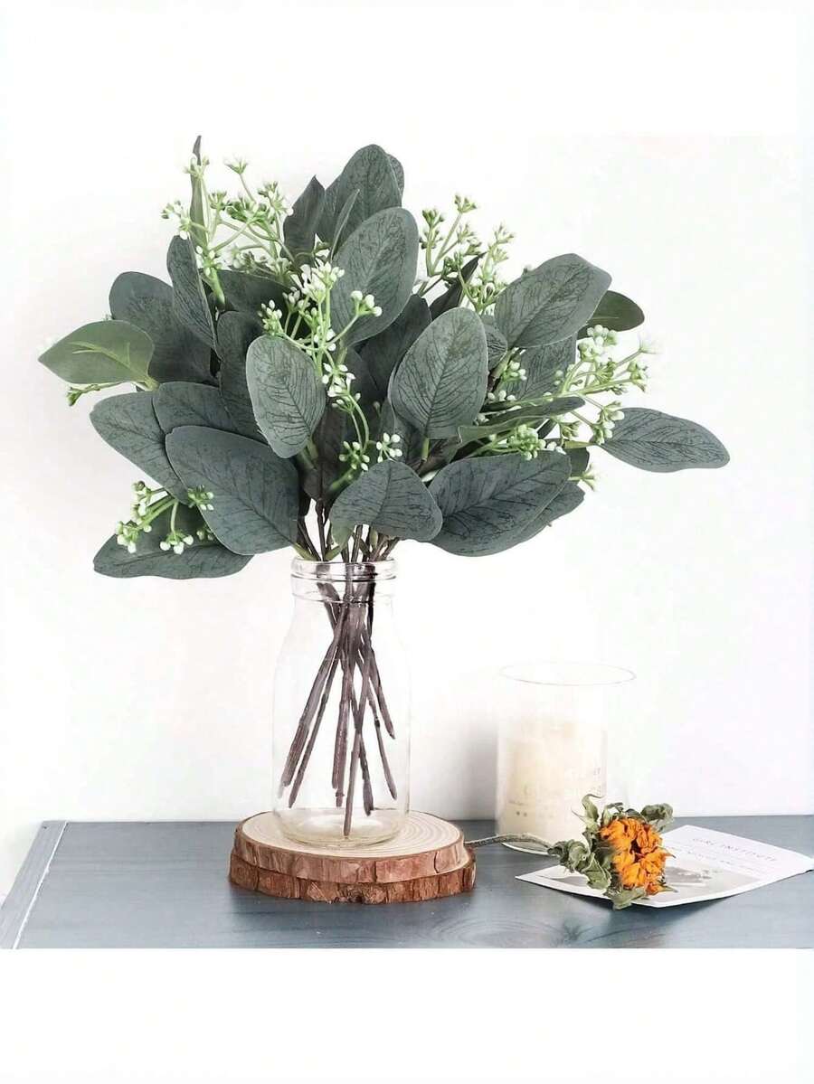 仿真桉树叶，银元树，灰绿色绿植，3/10/30/50片装，适用于家居花园婚礼情人节新年节日花卉布置装饰，礼品 - 彩色 - 查看 1