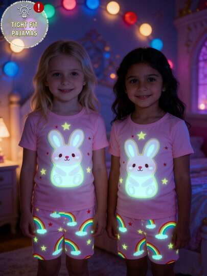 女婴两件套贴身睡衣套装，可爱兔子和彩虹夜光印花，弹力针织面料，柔软舒适的短袖上衣和裤子，春夏款