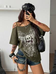 Coolane 女士秋季街头风外出Y2K骷髅图案万圣节服装宽松黑色T恤 - 軍綠色 - 查看 4