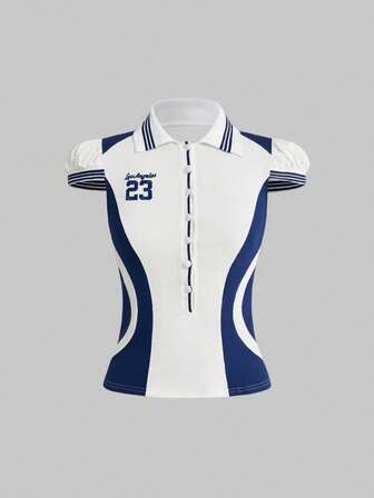 ROMWE Avant Top da donna sportivo, aderente, con colletto, a costine e patchwork