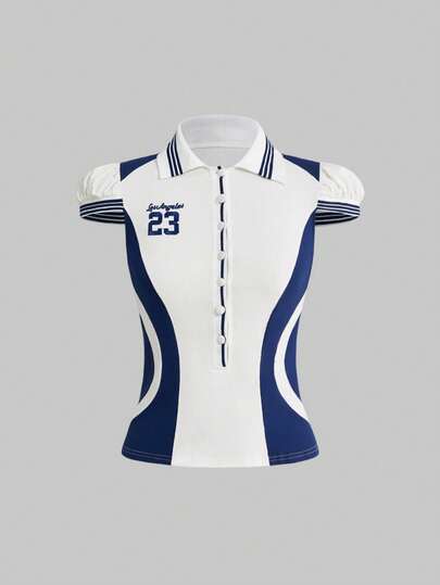 ROMWE Avant Spring/Summer Sporty Collared Fitted Ribbed Patchwork Women Top