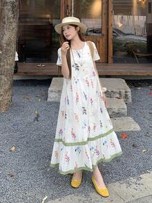 DAZY Đầm nữ cổ tròn kiểu Hàn Quốc in họa tiết toàn thân, dáng rộng, dài ngang gối, thích hợp cho mùa xuân/hè. - trắng - Xem 4