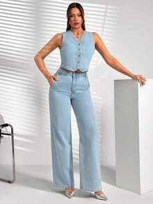 SHEIN 2 Pcs, Regular Fit Denim Vest & Wide Leg Jeans, Denim Set - Light Wash - View 3